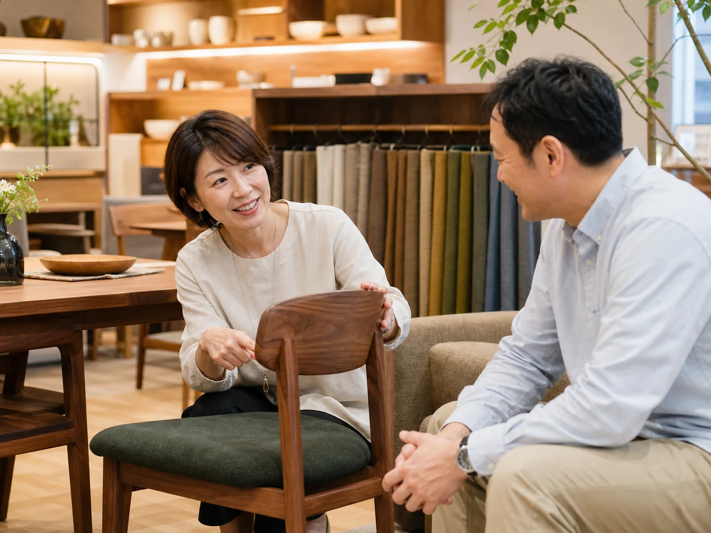 家具ショールームで椅子の特徴を説明する店長と顧客
