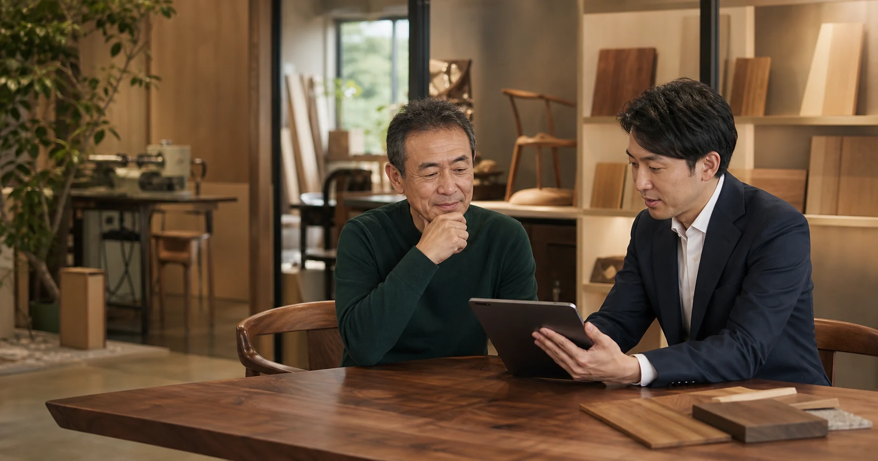 家具ショールームで事業承継について相談する家具会社経営者とM&Aアドバイザー