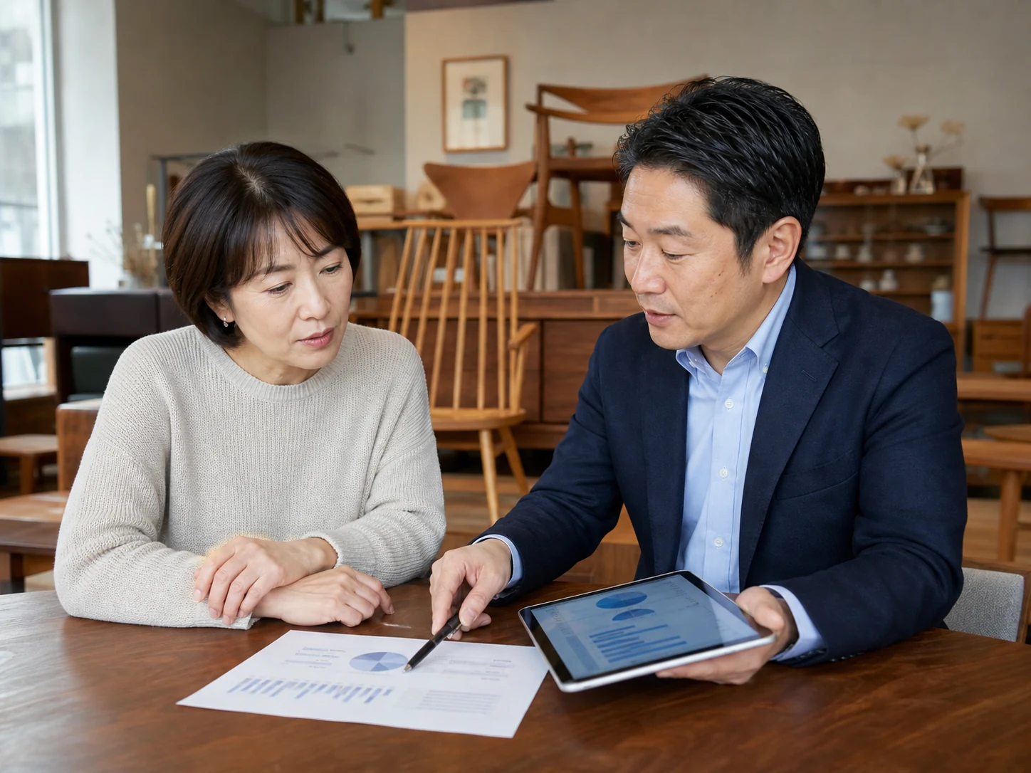 家具会社の月次PLと部門別売上を確認する経営者とアドバイザー