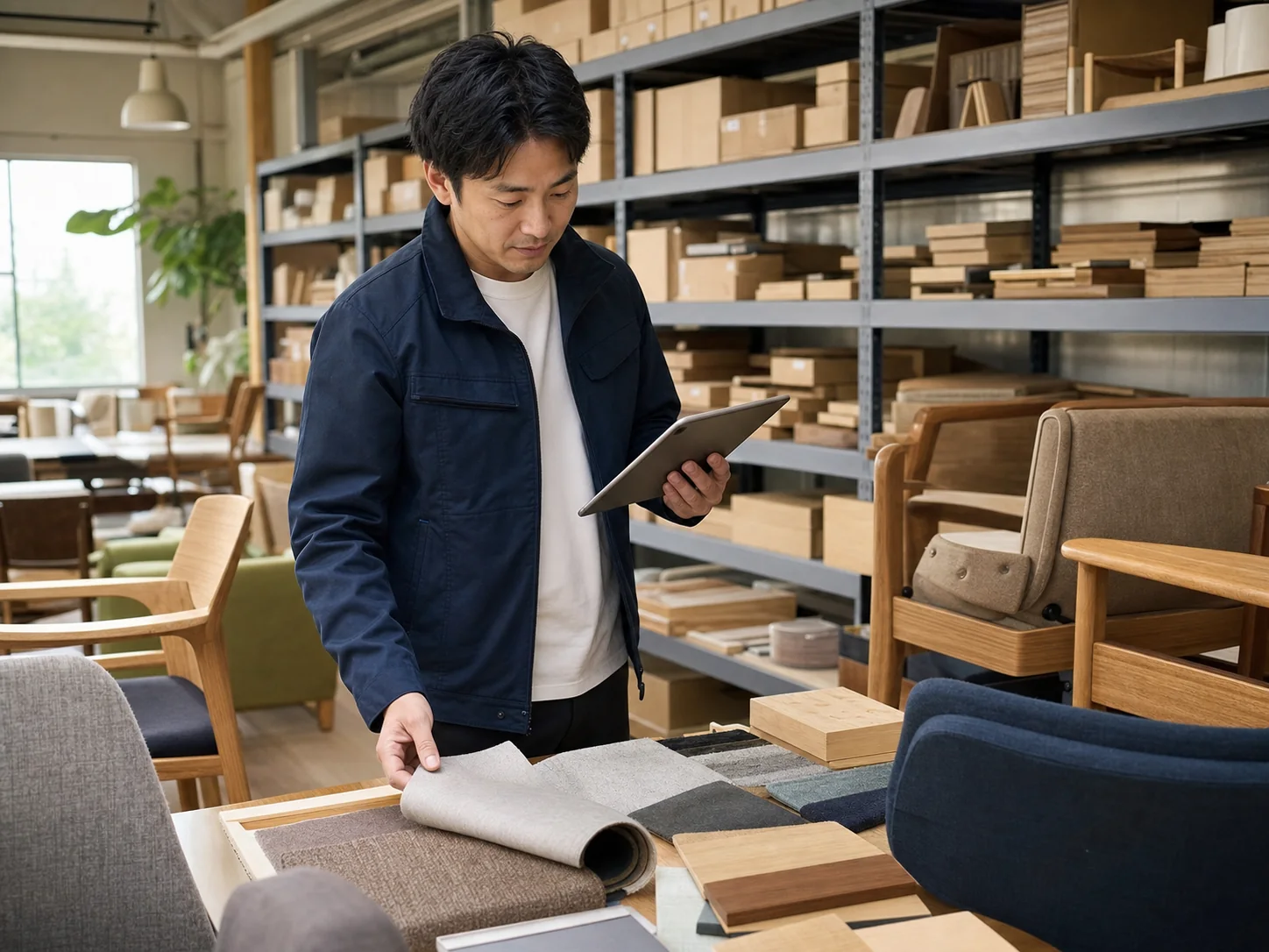家具倉庫でSKU別在庫と素材サンプルを確認する管理担当者