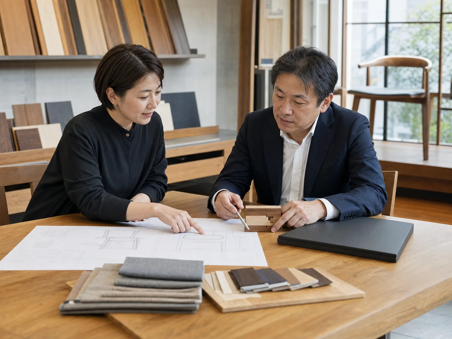 家具の設計図面と木組み、契約資料を確認する経営者とアドバイザー