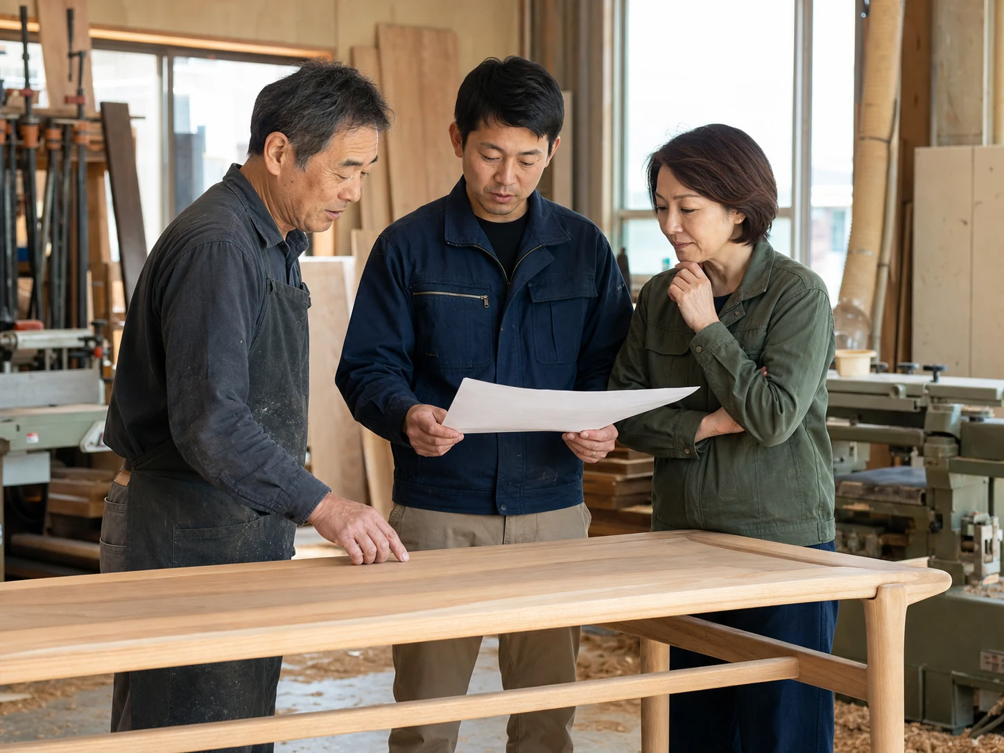家具工房で人材と製造工程の引継ぎを確認する三人のチーム
