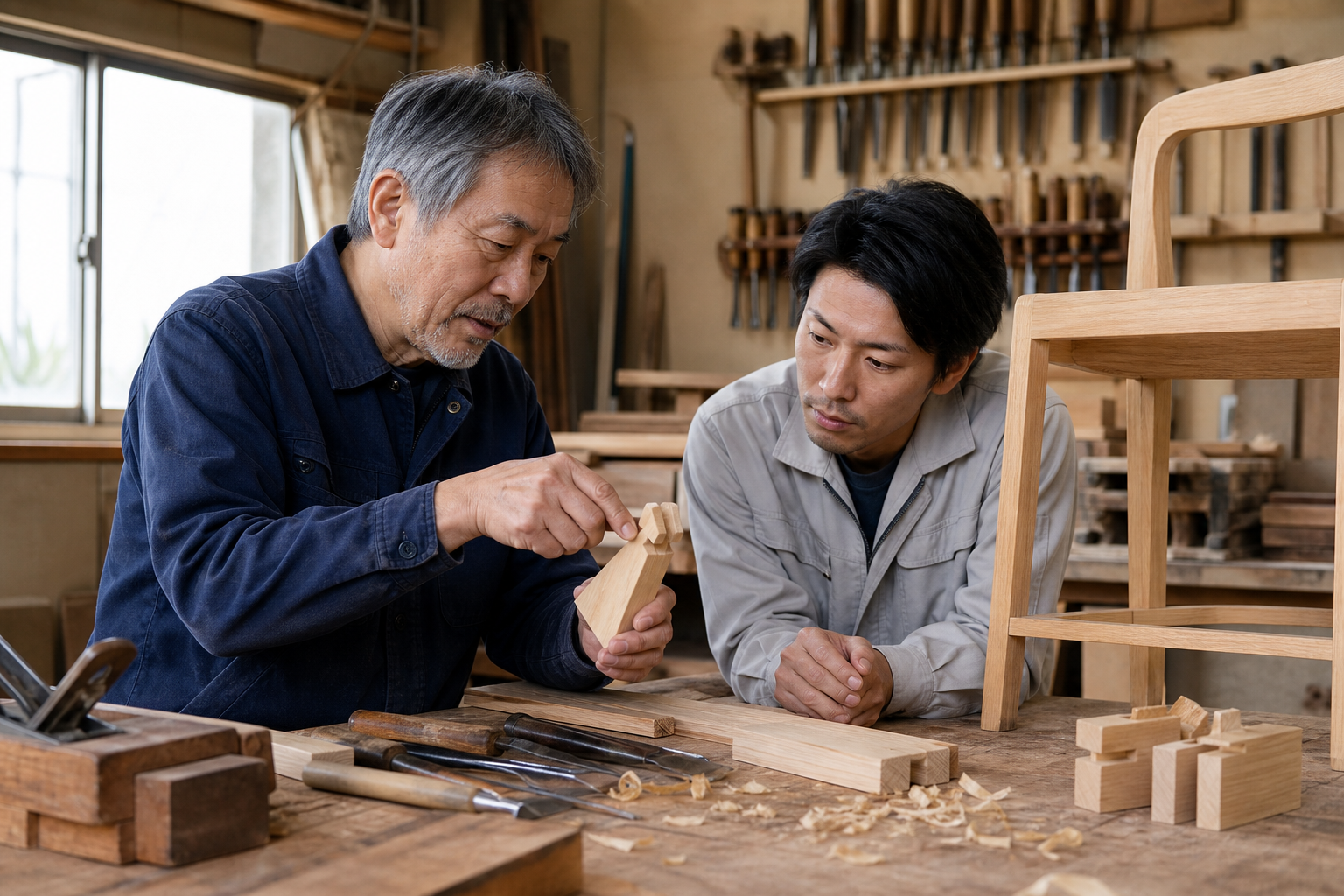 家具工房で熟練の職人が若い後継者に加工と品質確認の要点を伝えている様子