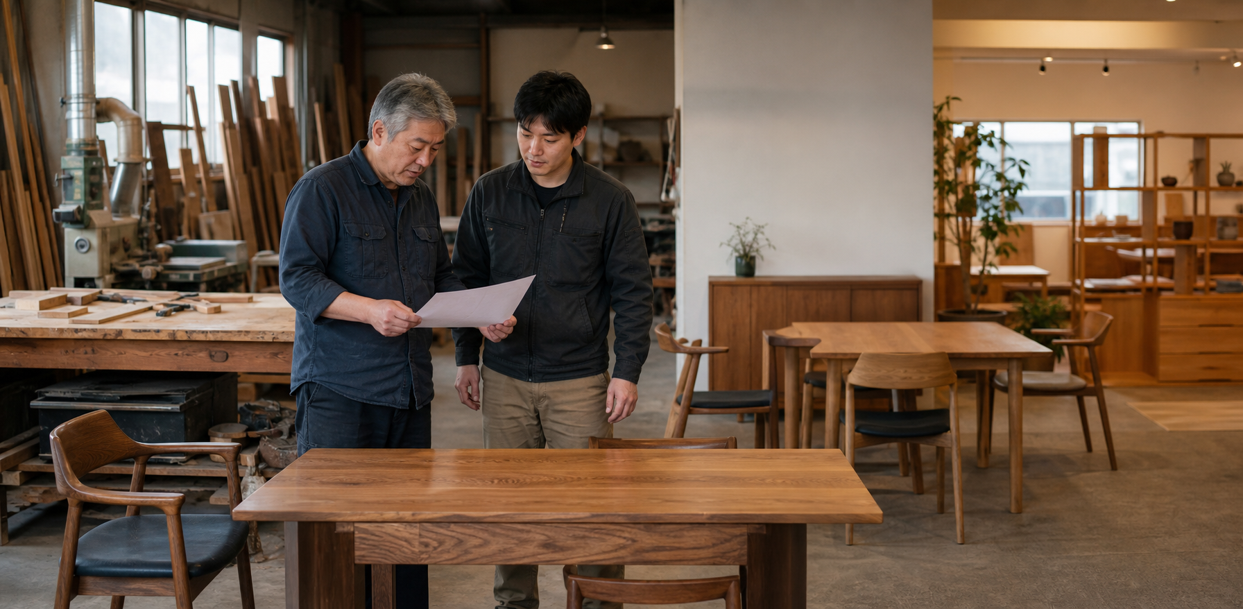 家具のショールームと工房で、経営者と後継候補が事業の将来について話し合う様子